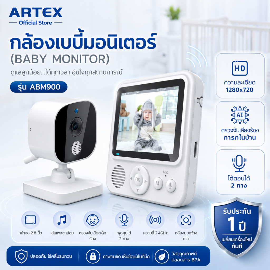 ส่งด่วน Baby Monitor รุ่น ABM900 กล้องเบบี้มอนิเตอร์  จอ2.8' โต้ตอบได้2ทิศทาง ซูมได้4เท่า