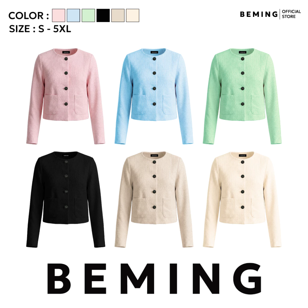 Bemingtop1235(S-5XL)-Vavie Top - เบลเซอร์ผ้าทวีตดีไซน์คอกลมให้ลุคเรียบหรูใส่ง่ายได้โอกาส