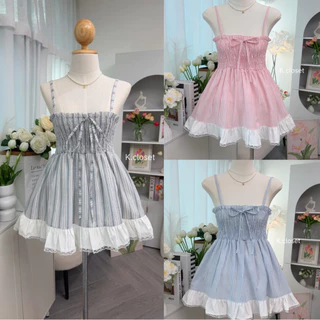 (อก28-42) เสื้อสายเดี่ยวสม็อคตัวยาวลายริ้ว detail แต่งลูกไม้ แต่งทูโทน เสื้อสายเดี่ยวสาวอวบใส่ได้อกถึง 42 นิ้ว