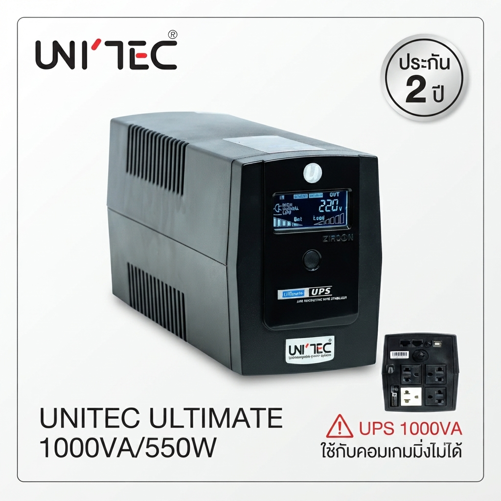 [พร้อมส่ง] UPS UNITEC รุ่น ULTIMATE 1000VA/550W สำหรับคอมพิวเตอร์ออฟฟิศ ประกันศูนย์ ของแท้ 100%(ไม่ร