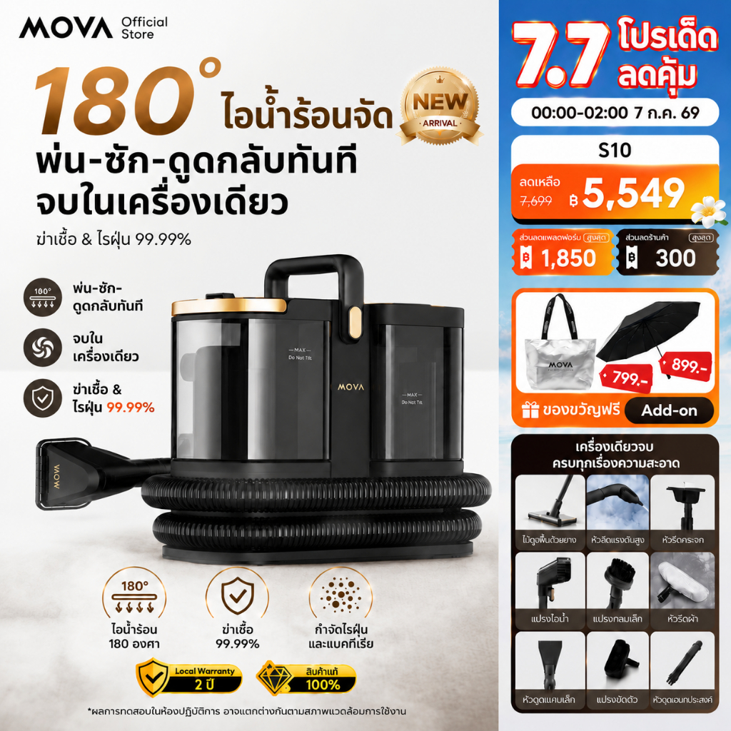MOVA S10 เครื่องทำความสะอาดไอน้ำ 1500W แรงดันสูง พ่นไอน้ำร้อน 180°C ฆ่าเชื้อ 99.9% ขจัดคราบมัน คราบฝังลึก บ้าน ครัว โซฟา