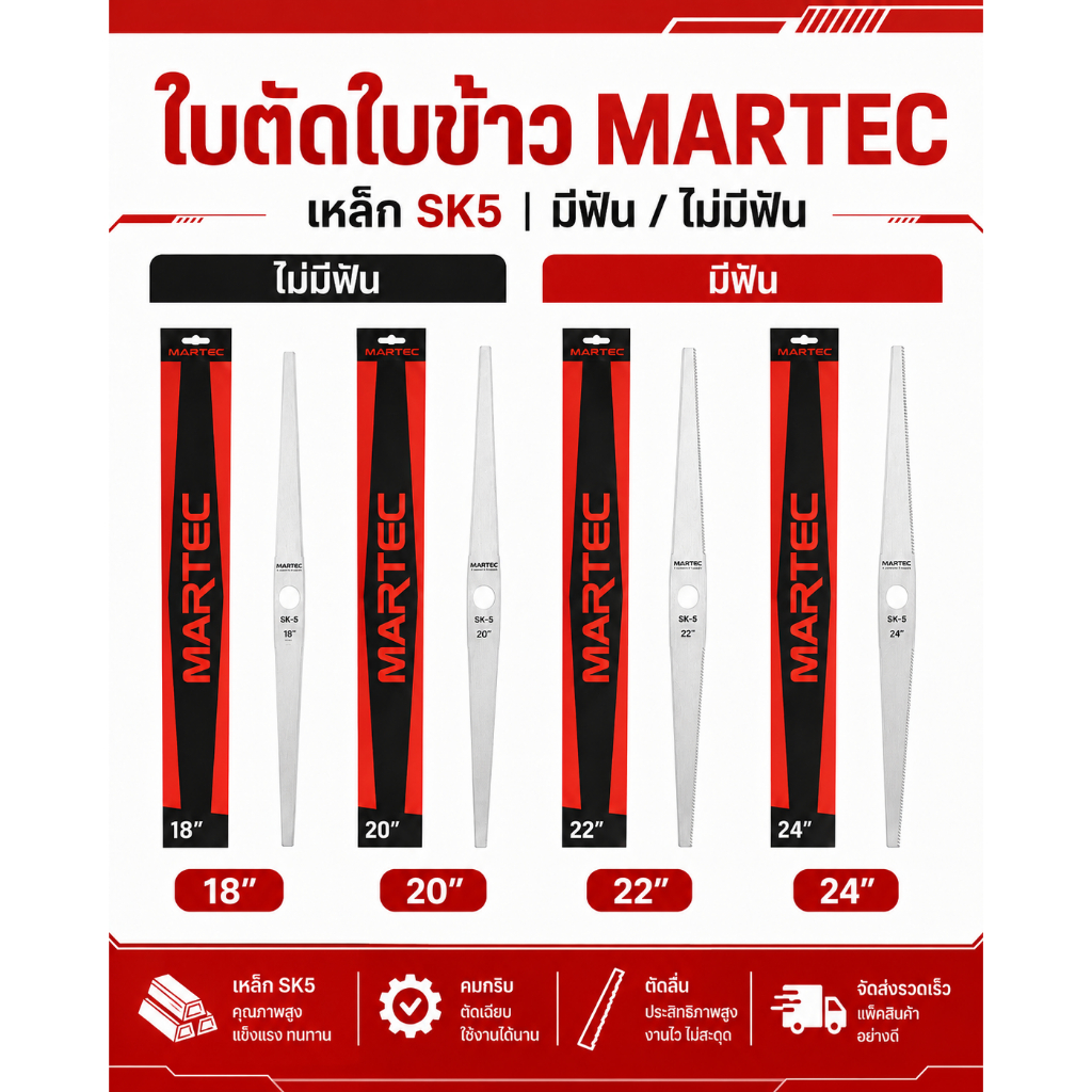 MARTEC ใบมีดตัดข้าว 18-24 นิ้ว มีฟัน/ไม่มีฟัน