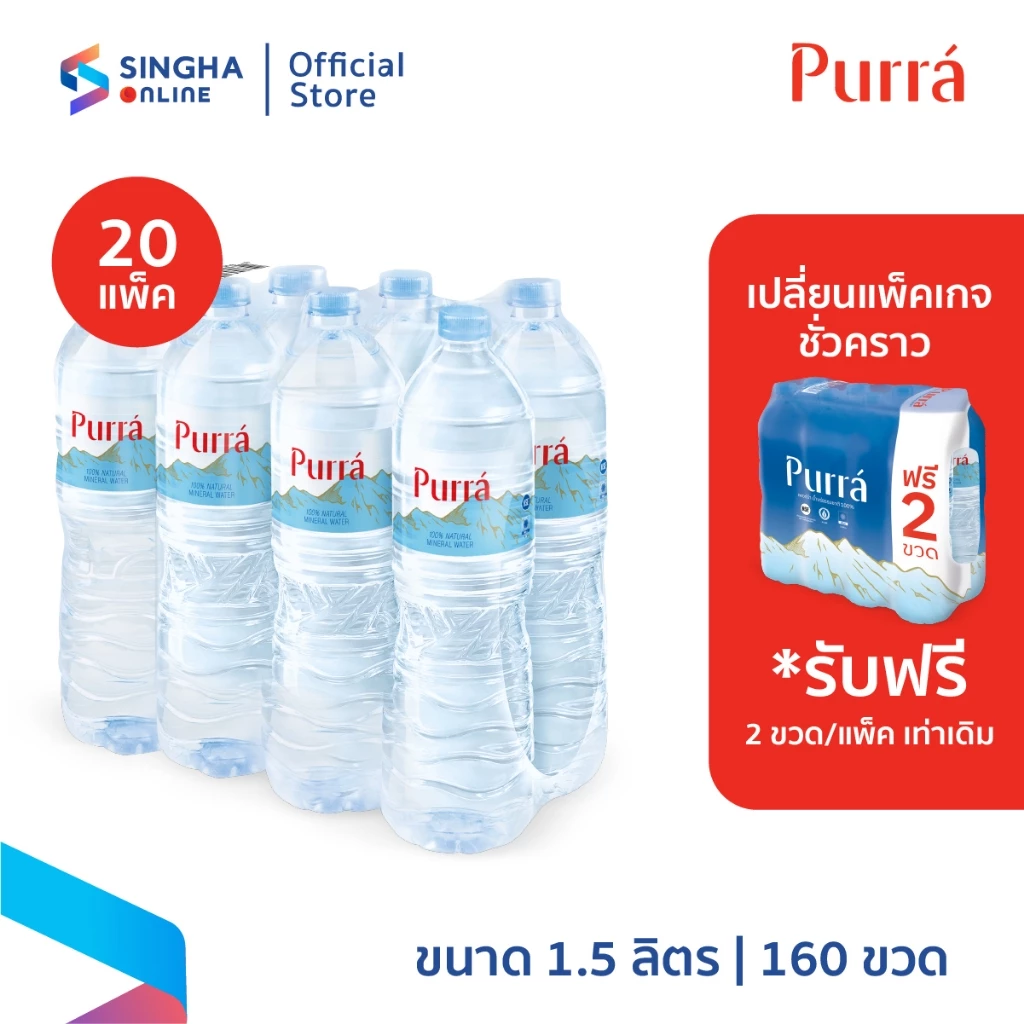 [ส่งในกทม.และปริมณฑล อยุธยา เชียงใหม่ ลำพูน] Purra Mineral Water น้ำแร่เพอร์ร่า 1.5 ลิตร 8 ขวด (20 แพ็ค รวม 160 ขวด)