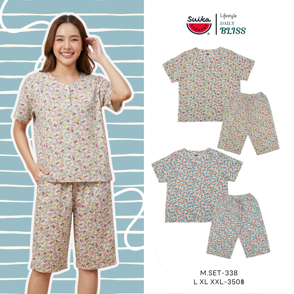แตงโม (SUIKA) - เซ็ทชุดนอนผ้าป่านมัสลินเสื้อคู่กางเกง ลายดอกไม้ (M.SET-130 )