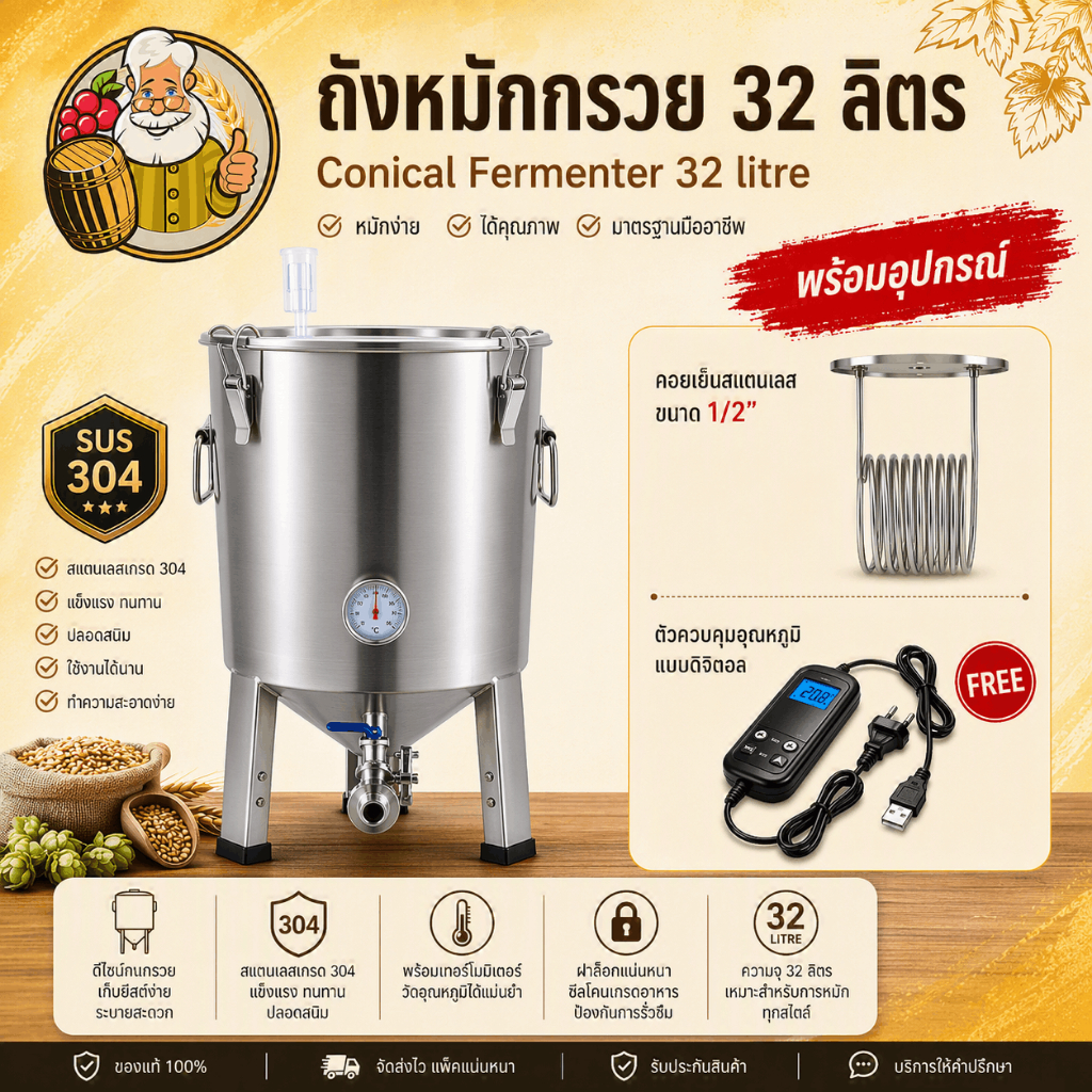 ถังหมักเบียร์ทรงกรวย 32 ลิตร  (Conical Fermenter 32L) + ฝาชิลเลอร์ + คอยล์เย็น (Chiller cover) แถม ตัวควบคุมอุณหภูมิแบบ