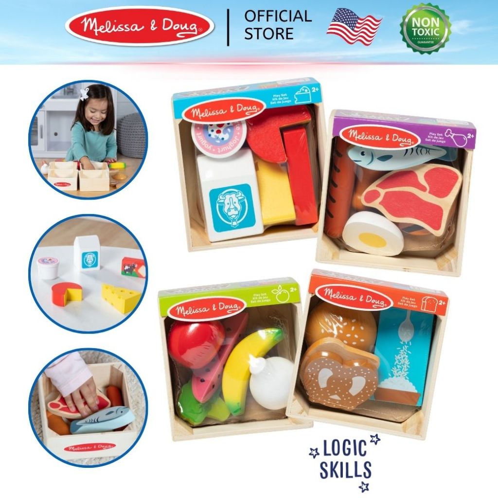(ของแท้ USA) ชุดอาหารไม้ 5 หมู่ เนื้อสัตว์ ผัก ผลไม้ เรียนรู้โภชนาการ Wooden Food Groups Play Set Melissa & Doug