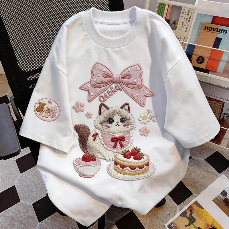 เสื้อยืด oversize เสื้อเท่ๆ เกาหลี " Cat Cake " เสื้อแฟชั่นใ เกาหลีสไตล์ พิมพ์ลาย ผ้านิ่มใส่สบาย COD 7.07