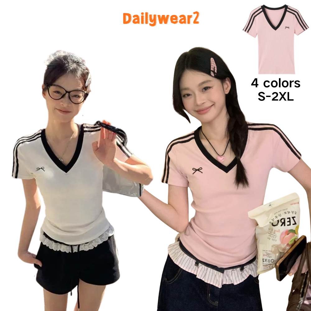 Dailywear พร้อมส่ง เสื้อยืดแขนสั้นคอวีแบบมีลายริบ ทรงครอปเข้ารูป สำหรับผู้หญิง