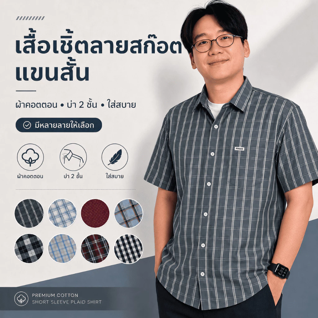 PIDOZA เสื้อเชิ้ตลายสก๊อต แขนสั้น ผ้าคอตตอนเนื้อดีมาก บ่า2ชั้น ผ่าค้าง ใส่สบาย ทรงตรง มีไซส์ S-XXL