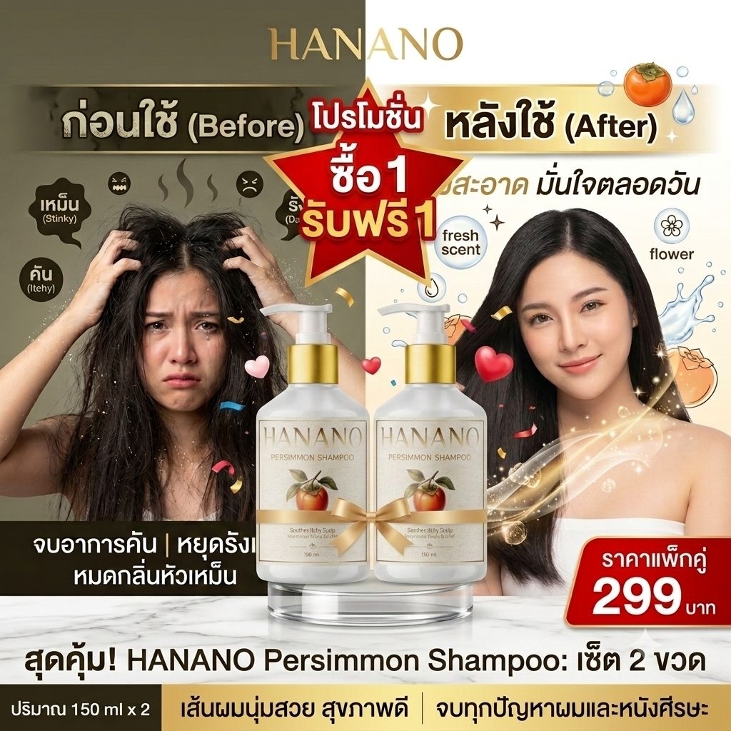 HANANO 1แถม1แชมพูลูกพลับญี่ปุ่น ลดกลิ่นแก่ ลดคัน ลดผมร่วง รากผมแข็งแรง 150ml.