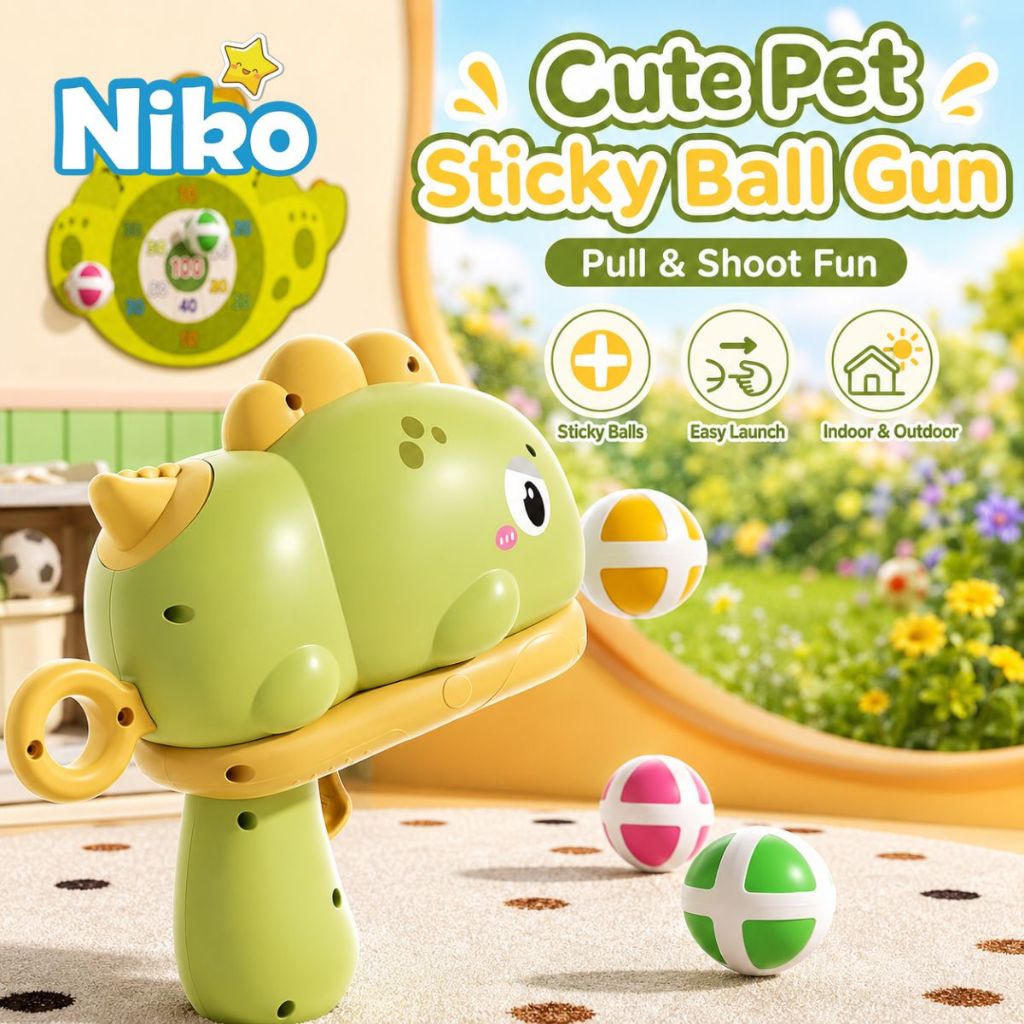 NIKO ของเล่นเด็ก Sticky Ball Gun ปืนยิงลูกบอลติดเป้า ลายไดโนเสาร์ ยูนิคอร์น พร้อมเป้ายิงและลูกบอล 6 ลูก