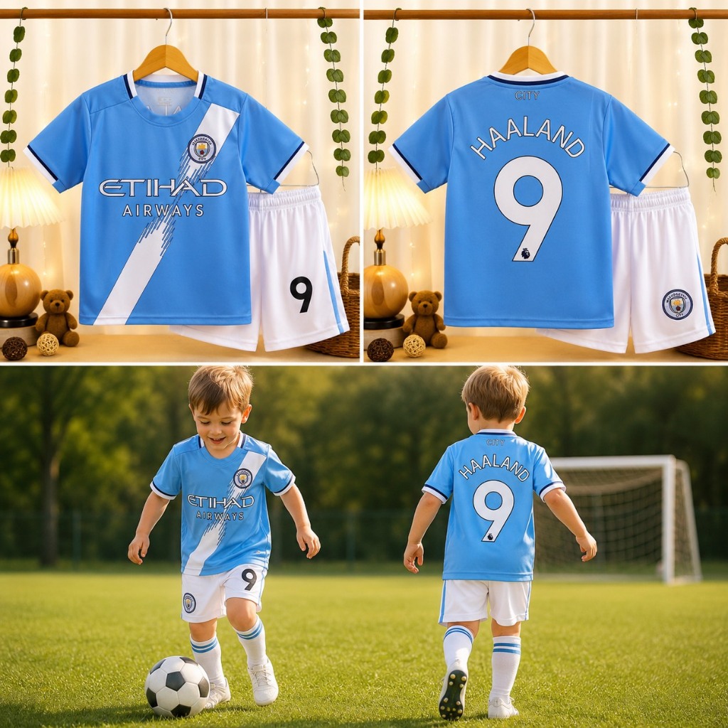 ชุดเซ็ตเสื้อพร้อมกางเกงฟุตบอลเด็ก สีฟ้าขาวทีมแมนซิตี้ ฮาร์แลนด์ ชุดเบอร์9 ใส่สบายไม่ร้อนสีสวยเข้ากับลุคสบายๆ