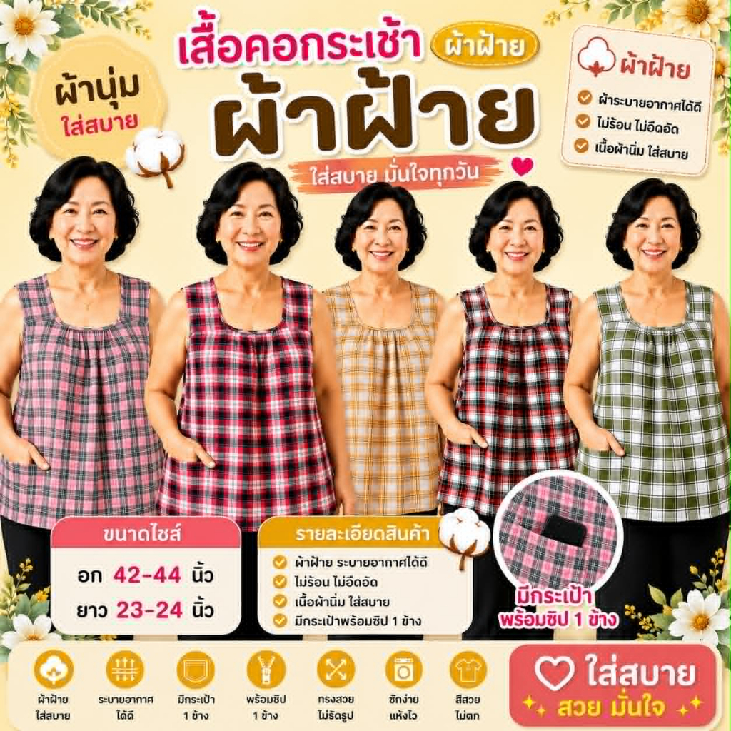 เสื้อคอกระเช้าผ้าฝ้ายแท้ ใส่สบาย ขนาดฟรีไซส์ มีกระเป๋าพร้อมซิป 1 ข้าง