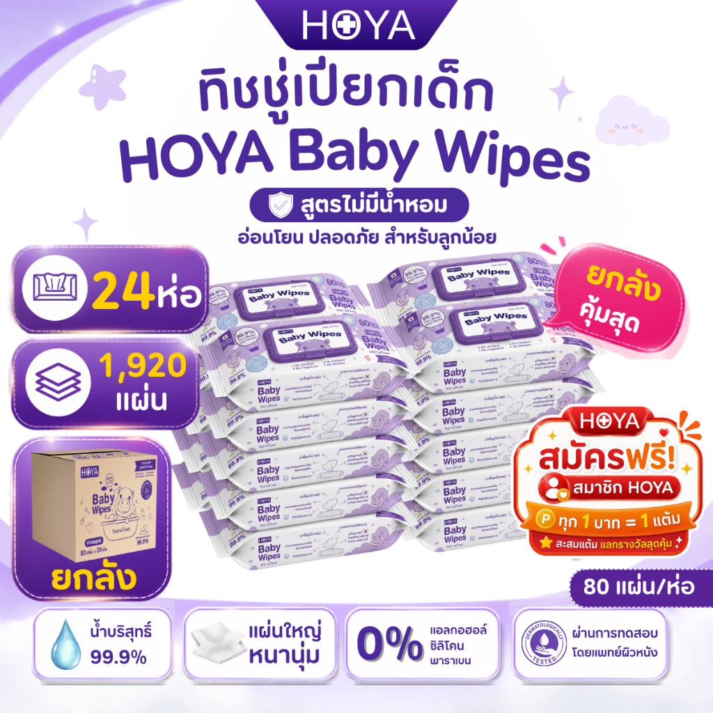 (ยกลัง24ห่อ ไม่มีน้ำหอม) HOYA ทิชชู่เปียก baby Wipes 80แผ่น/ห่อ x 24แพ็ค สูตรอ่อนโยน สำหรับผิวบอบบาง