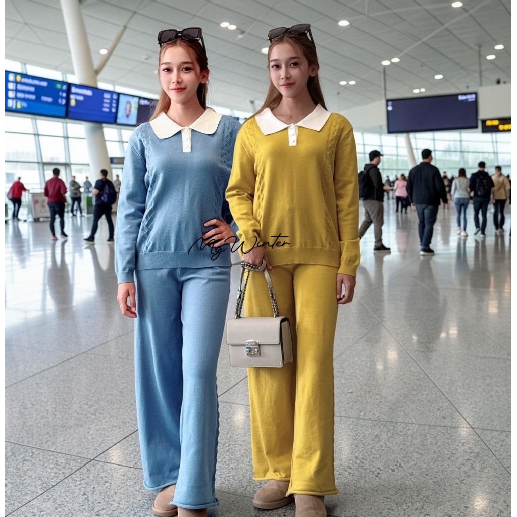 BP12 ชุดเซตAirport look ผ้าไหมพรมknitting เสื้อคอปกสามารถปลดกระดุมได้ 2 เม็ด