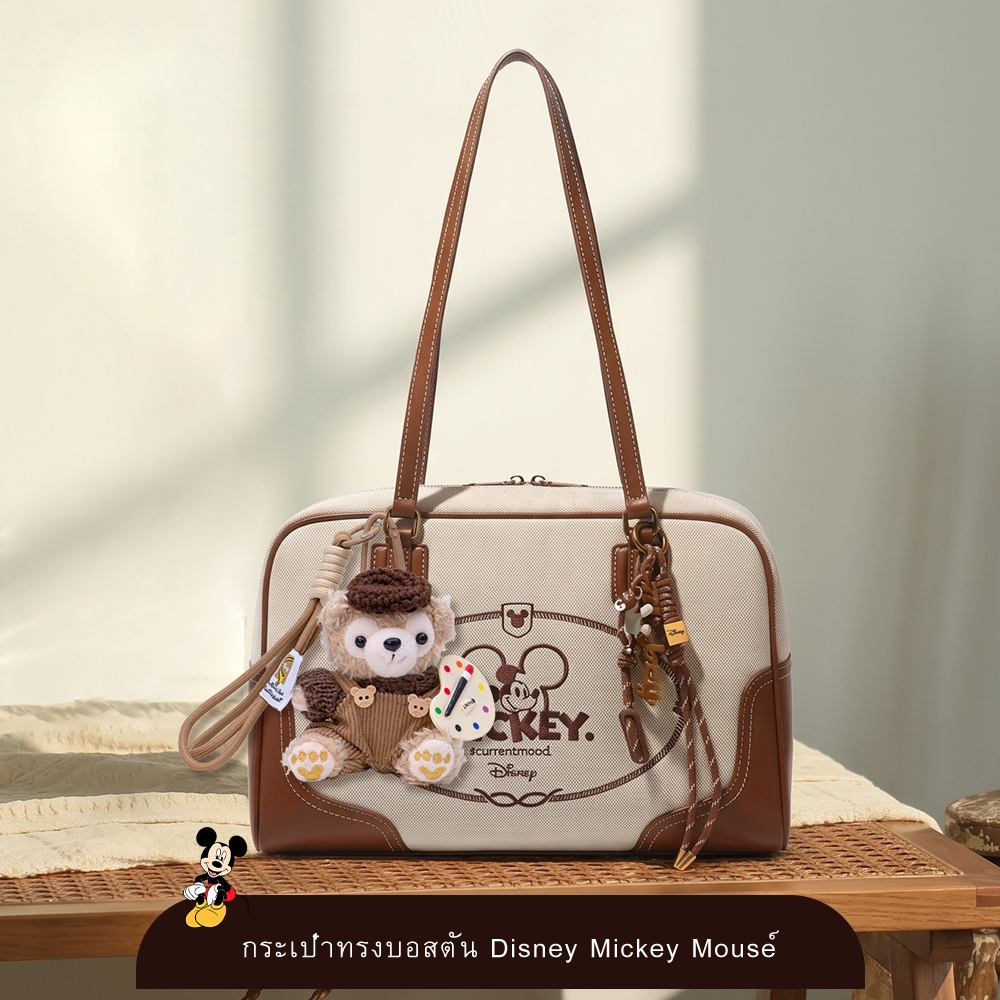 กระเป๋าสตรี Disney Mickey กระเป๋าแคนวาส ทรงบรีฟเคส/โทเต้ สีครีม-น้ำตาล สไตล์วินเทจ ความจุขนาดใหญ่ สำหรับเดินทาง/ทำงาน