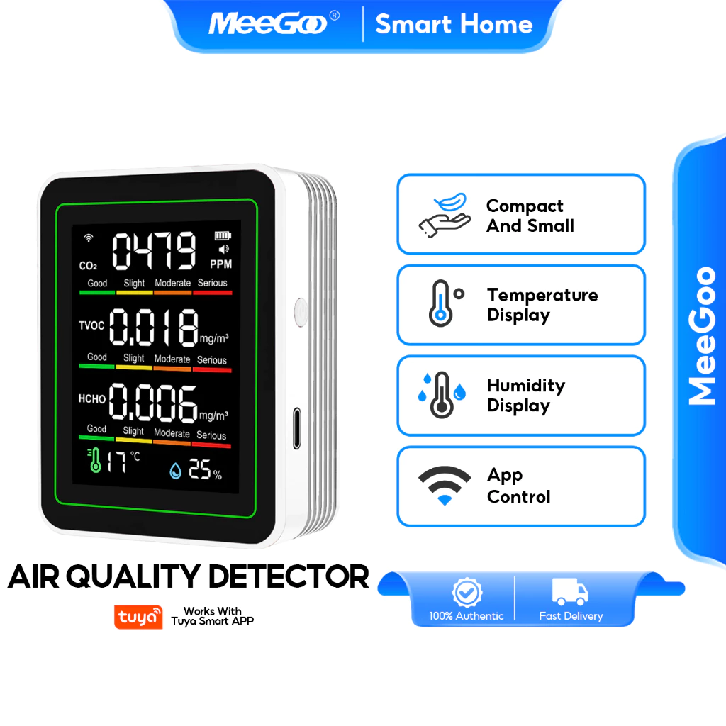 MeeGoo HCHO เครื่องตรวจจับ Tuya WiFi Air detector คุณภาพอากาศ CO2 HCHO TVOC ทดสอบอุณหภูมิ ความชื้น