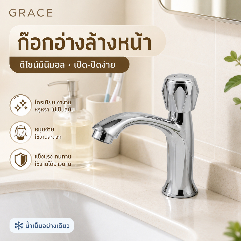 Grace ก๊อกอ่างล้างหน้า สแตนเลส 304 ไม่เป็นสนิม แข็งแรง ทนทาน ติดตั้งง่าย แถมฟรีเทปพันเกลียว