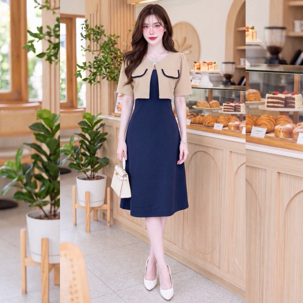 สินค้าพร้อมส่ง ชุดเดรส ผ้าวูลเวฟ เสื้อแต่งคลุมทรูโทน รูปที่ 2