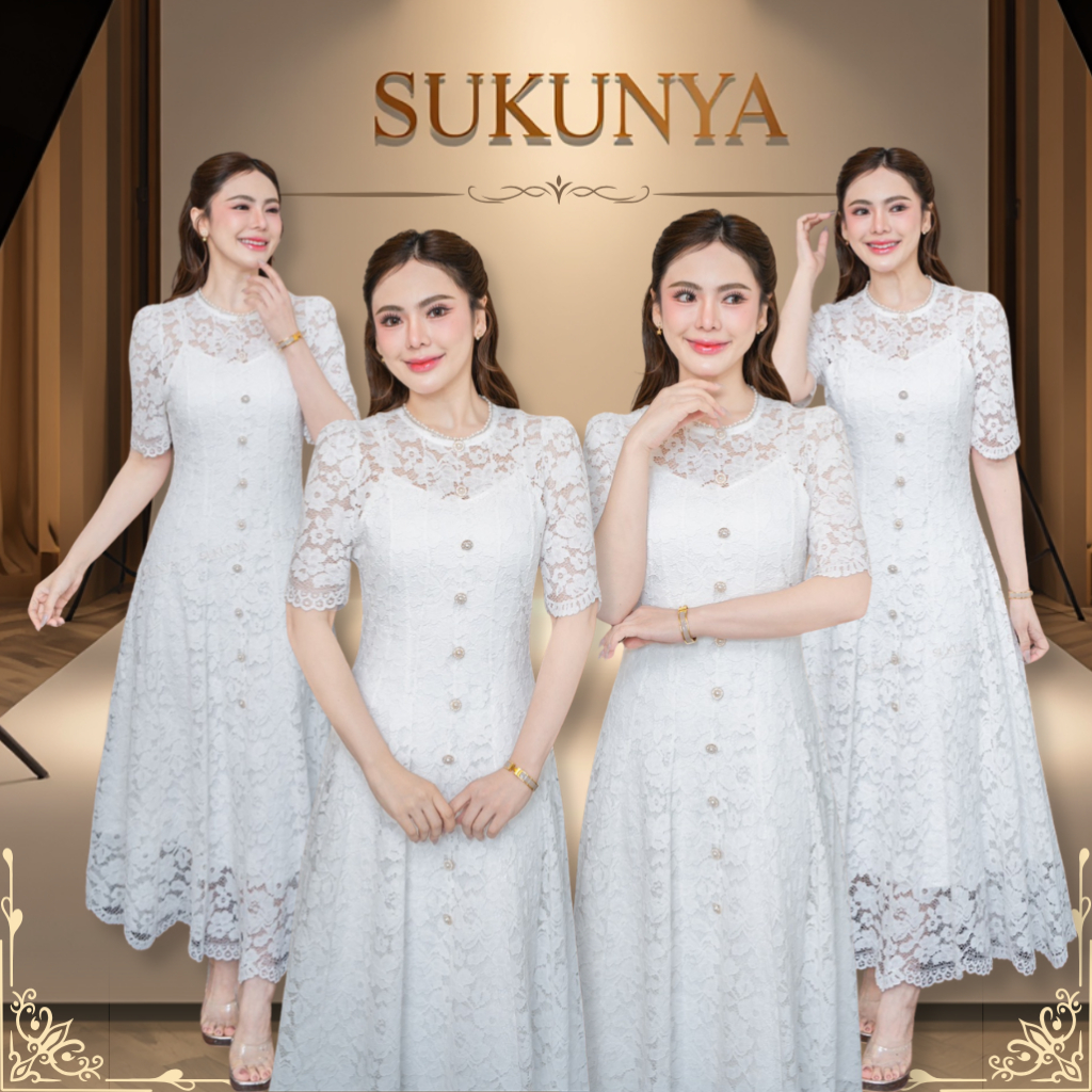 Sukunya 6837 :ชุดเดรสผ้าลูกไม้เกาหลี กระโปรงทรงเอพริ้วๆ แต่งมุกรอบคอ และแต่งกระดุม