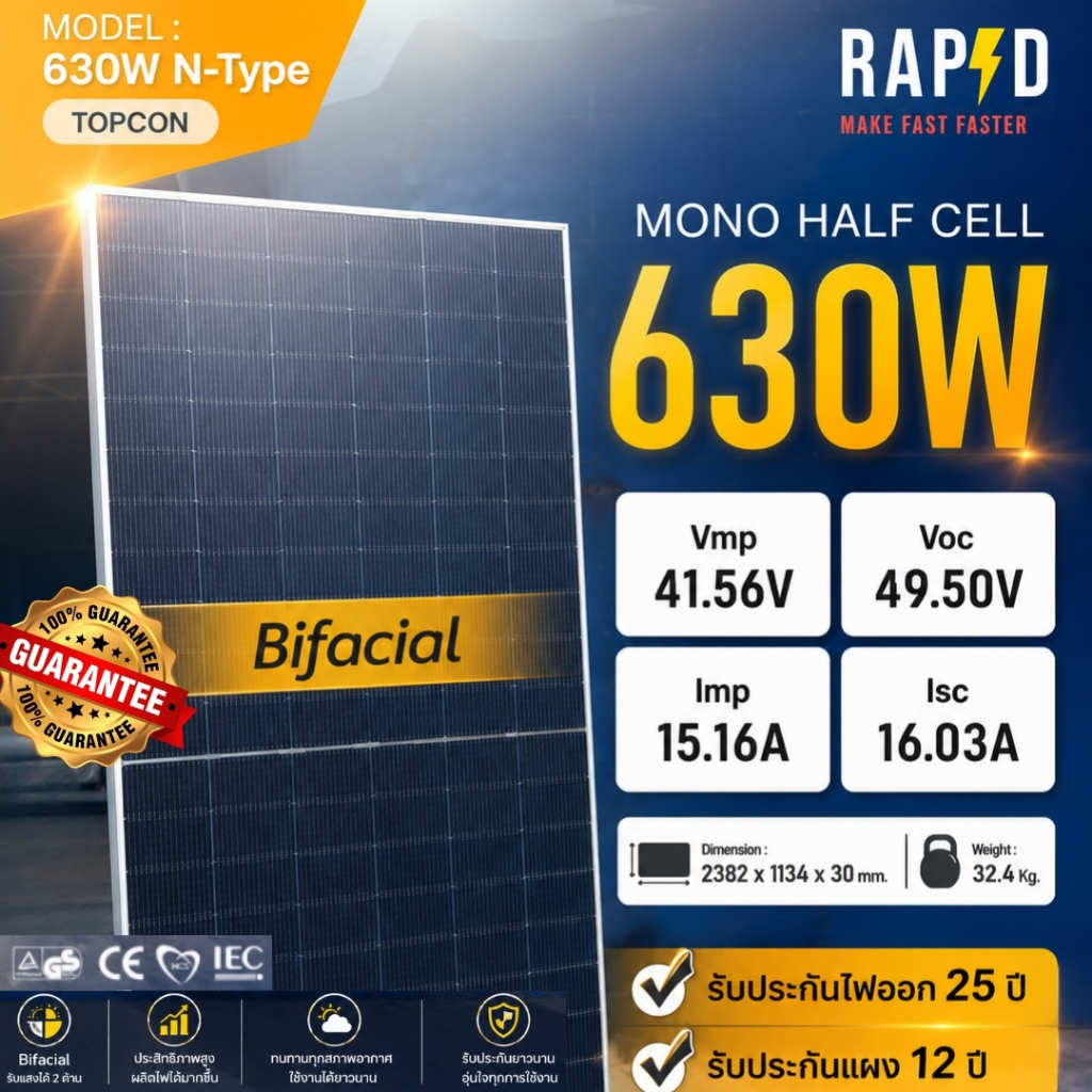 RAPD ส่งฟรี โดยร้านค้า แผงโซล่าเซลล์ 750W Mono Half cell (N-Type) (มีรับประกัน)