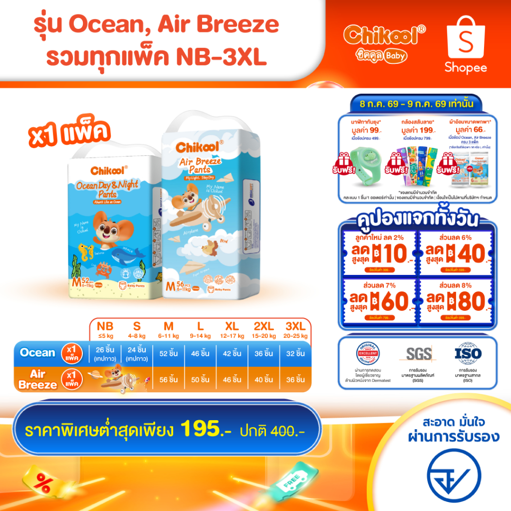 [รวมทุกรุ่นทุกไซส์!] แพ็คเดี่ยวและยกลัง Chikool ชิคคูล กางเกงผ้าอ้อมเด็ก รุ่น Ocean Day&Night และรุ่น Air Breeze