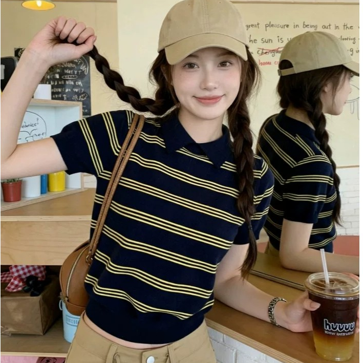 เสื้อโปโลไหมพรมผู้หญิง ลายทางแขนสั้น สไตล์เกาหลี รูปที่ 7
