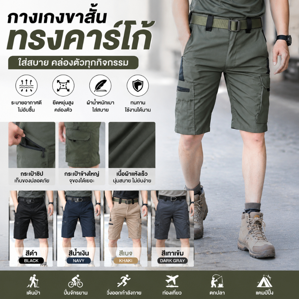กางเกงขาสั้นคาร์โก้สำหรับผู้ชาย สไตล์ลำลองพร้อมกระเป๋าหลายช่อง เหมาะสำหรับกิจกรรมกลางแจ้ง