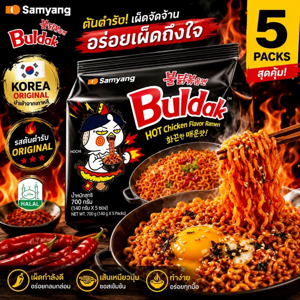 Samyang มาม่าเผ็ดเกาหลี รสชาติดั้งเดิม มาม่าเกาหลี (140gx5) Buldak Spicy Ramen Original