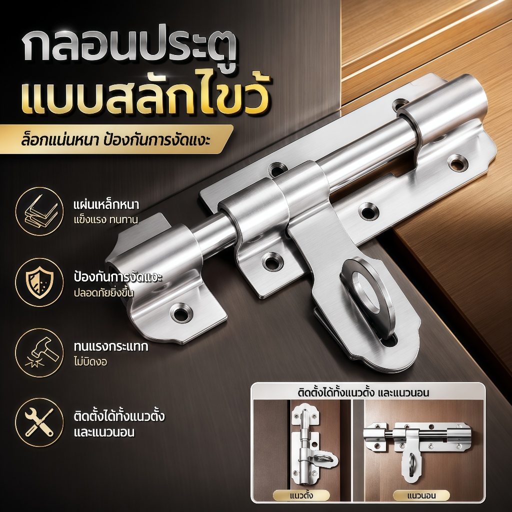 กลอนสไลด์รูปกากบาท สแตนเลส304 หนาเกรดหนัก กันงัด ป้องกันขโมย ทนกระแทก ไม่สึกหรอ ติดตั้ง2แนว ประตู รั้ว เหล็ก