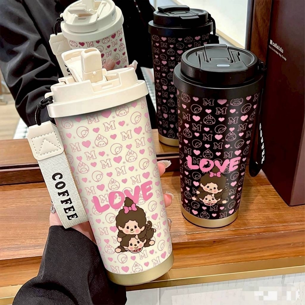 แก้วน้ำลายมอนชิชิ แก้วสแตนเลสเก็บอุณหภูมิ มีหลอดในตัวขนาดบรรจุ 530 ml เก็บร้อน-เย็นได้นาน งานสวยมาก