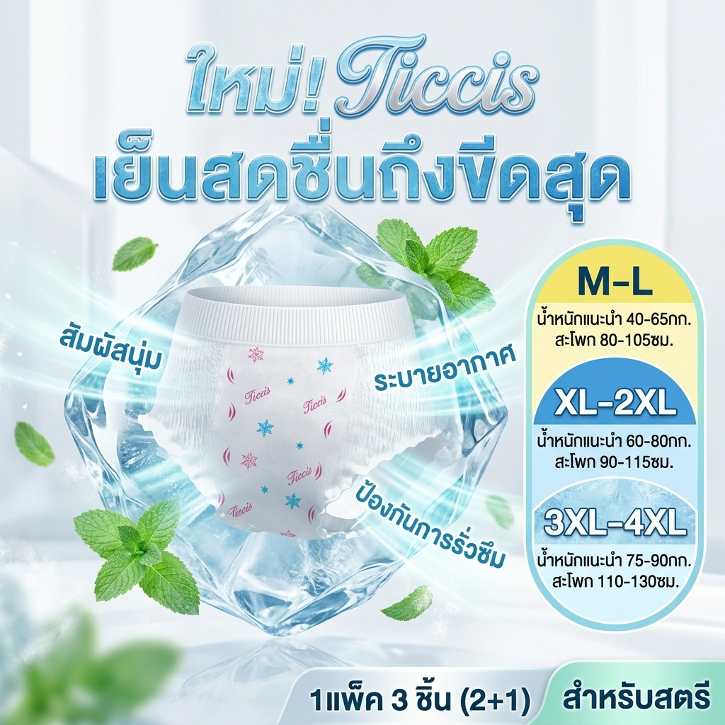 กางเกงอนามัยแบบสอดสำหรับกลางคืน กลิ่นแตงกวา จาก Ticcis แพ็ค 3/6 ชิ้น