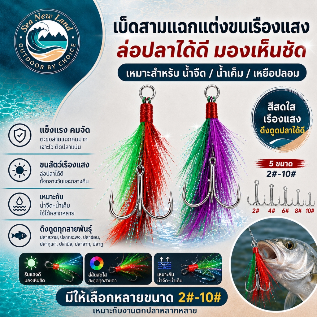 ตาเบ็ด 3 ทาง ติดพู่ขนนก 2.5X เบอร์ #2 - #10 วัสดุเหล็กกล้าคาร์บอนสูง อุปกรณ์ตกปลา เบ็ดตกปลา