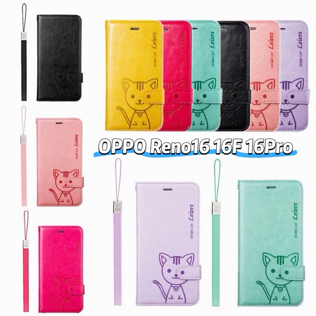 เคสฝาพับ แมว Domicat สำหรับรุ่น OPPO Reno16 16F 16Pro Reno15 15F 15Pro Max Reno14 14F 14Pro ใส่บัตรได้ พับตั้งได้