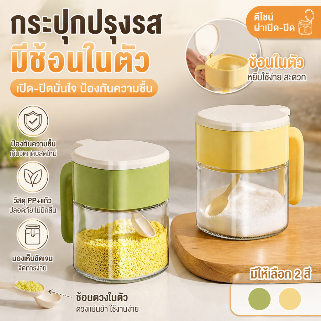 [พร้อมส่ง] กระปุกใส่เครื่องปรุง กล่องใส่เครื่องปรุง มีช้อน ในตัว ช่องเก็บช้อน แยก กันชื้น แก้ว 360ml หนา