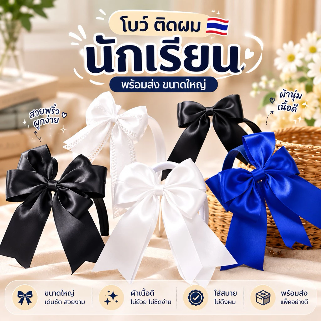 พร้อมส่ง 🇹🇭 โบว์นักเรียนใหญ่สองชั้น ขนาด 5 นิ้ว โบว์ขาวดำ ดำ กิ๊บสปริง นักเรียนประถม มัธยม