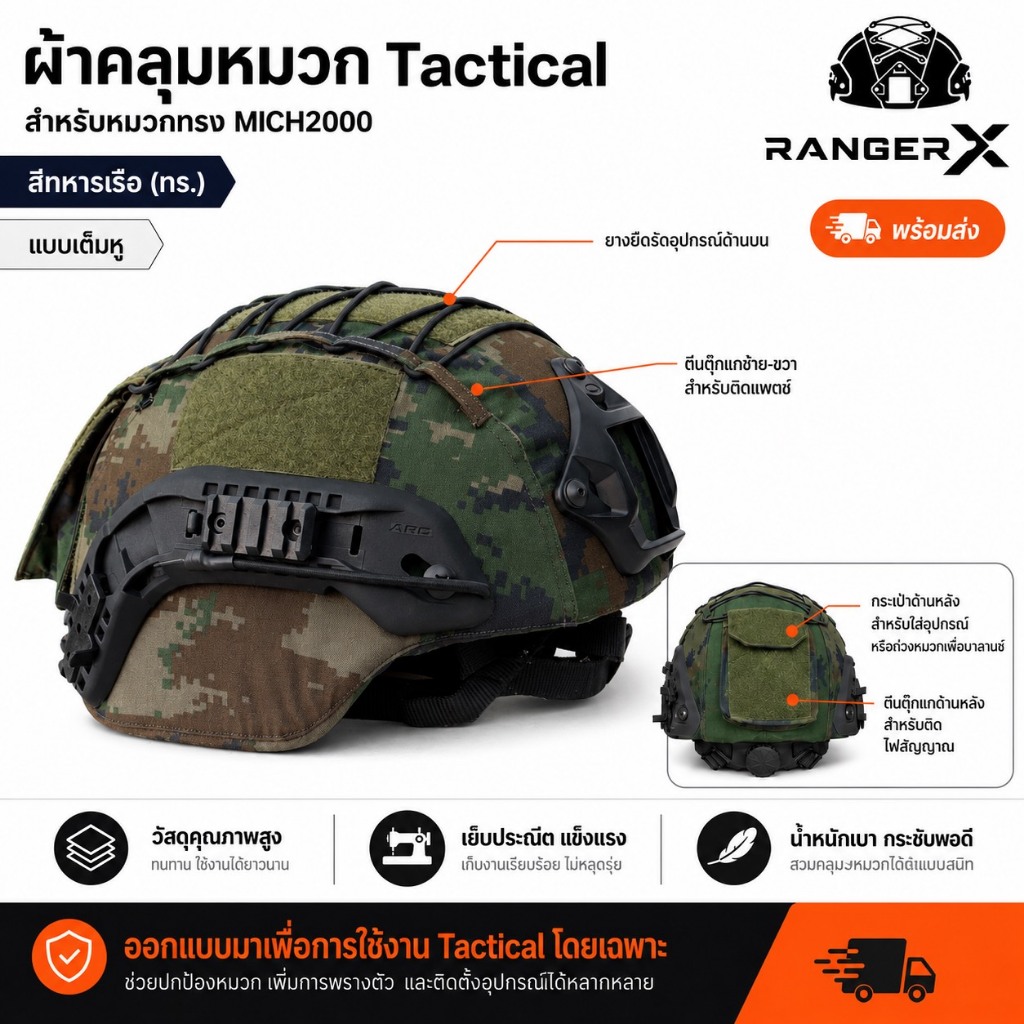 ผ้าคลุมหมวก MICH 2000 สีทหารเรือ (ทร.) แบบ Tactical RANGER X ตรงรุ่น ใส่กระชับ ไม่ย้วย งานทน พร้อมส่ง