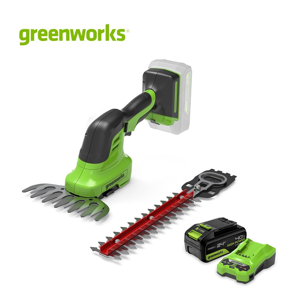 Greenworks เครื่องตัดแต่งพุ่มไม้และตัดหญ้า ขนาด 24V พร้อมแบตเตอรี่และแท่นชาร์จ (1600607 / 1600607-1)