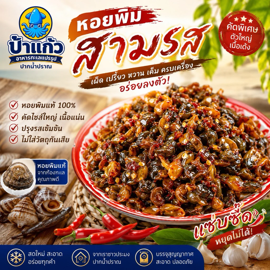 หอยพิมสามรส หอยหวานสามรส รสหวานเค็มเผ็ดเล็กน้อย สดใหม่ทุกวัน