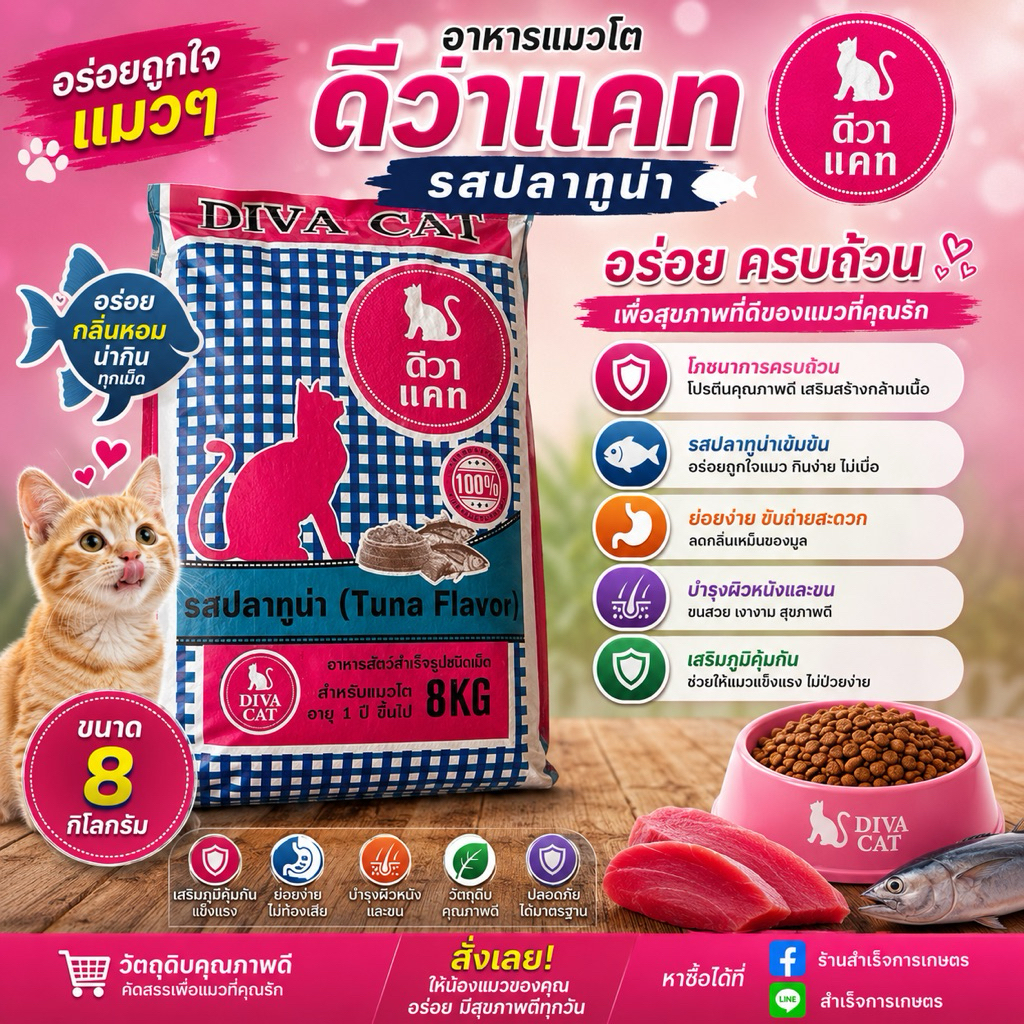 อาหารแมวโต ดีวาแคท 8kg ปลาทูน่า