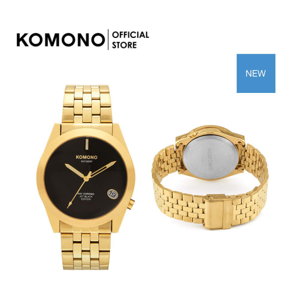 KOMONO Watch Ray Chroma Estate Gold Jet นาฬิกาผู้ชาย มีวันที่ สายโลหะ หน้าปัดสีดำ วัสดุคุณภาพ