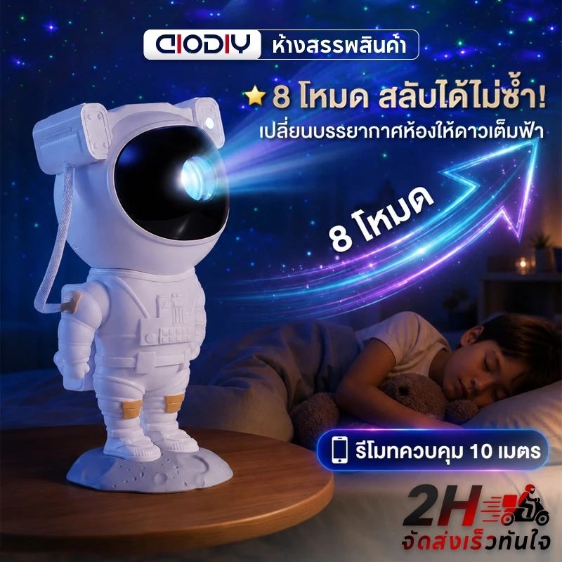 AIODIY นักบินอวกาศ โคมไฟโปรเจคเตอร์ดาว 8 โหมด รีโมท ชาร์จ USB แต่งห้องนอน ไฟดาว ท้องฟ้า ปรับมุมได้