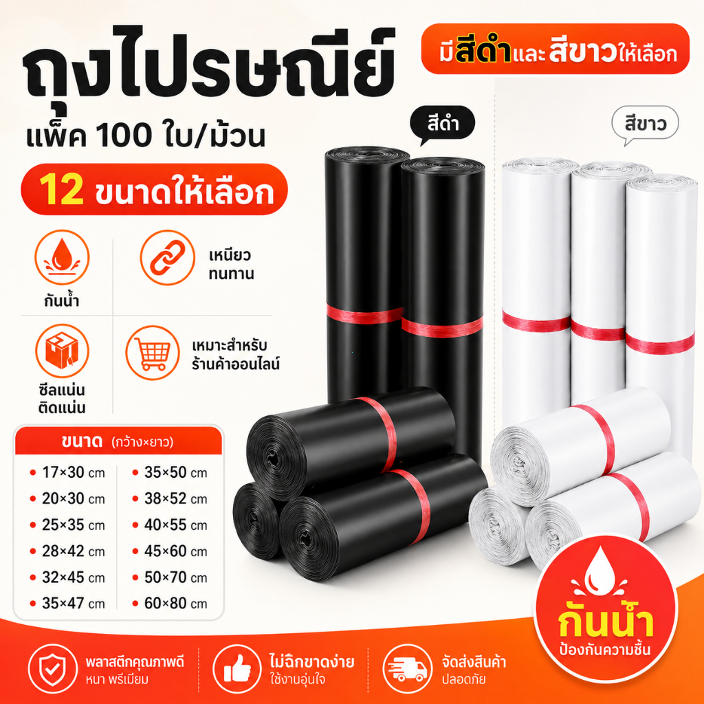 จัดส่งด่วน 🌈 ซองพลาสติกกันน้ำสีขาว/ดำ แพ็คละ 100 ชิ้น มีหลายขนาดให้เลือก คุณภาพสูง ผิวมันเงา เหมาะสำหรับส่งจดหมาย
