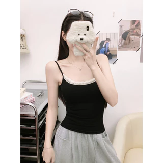 NEW✨Kulimula เสื้อกล้าม Lace Trim Cami Top สายเดี่ยวบางขอบลูกไม้ ผ้าร่องยืดรัดรูป สไตล์หวานเกาหลี
