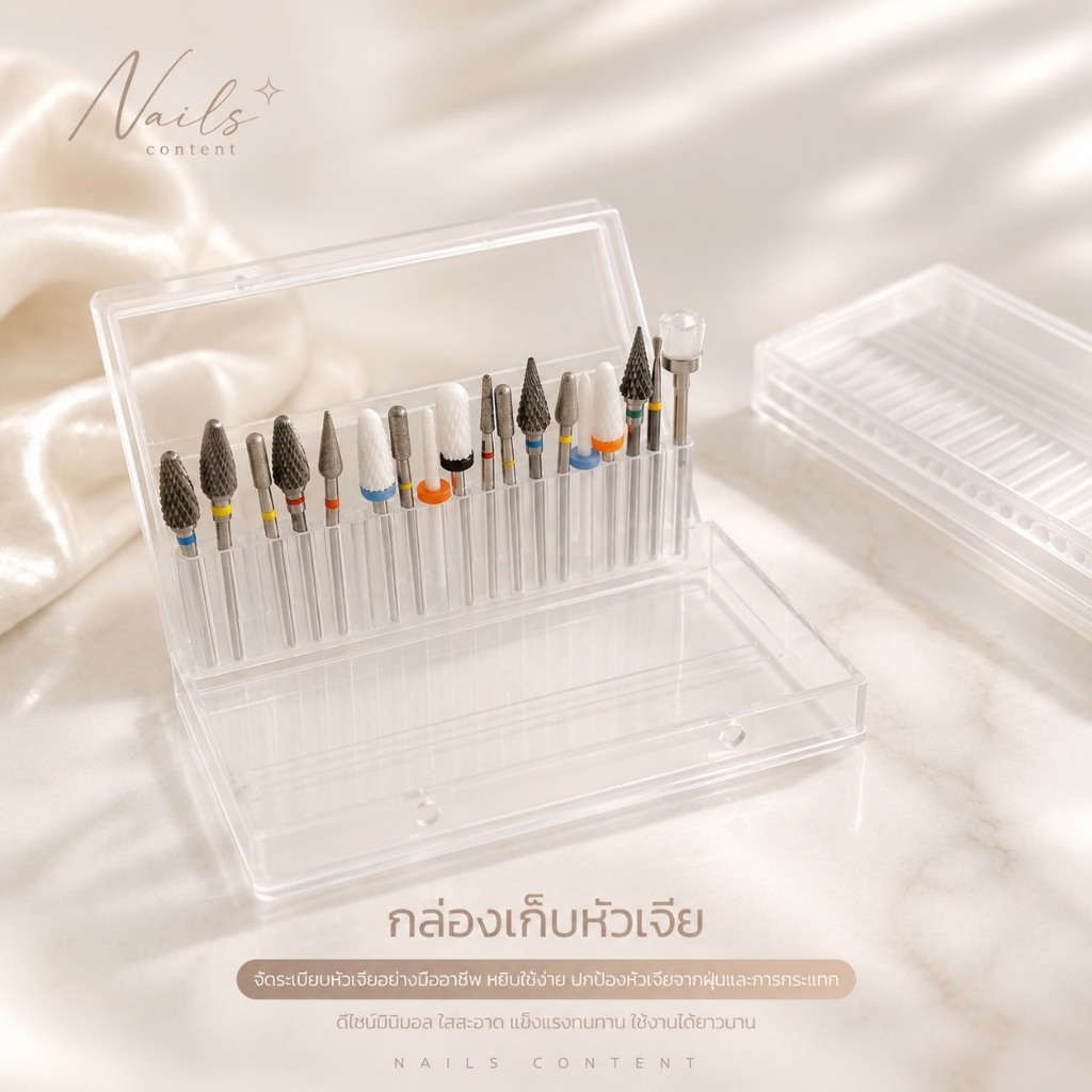 กล่องพลาสติกแบบตลับแบนเก็บหัวเจีย 24 หัว สะดวก พกง่าย อุปกรณ์ตกแต่งเล็บ