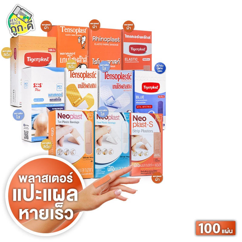 Tensoplast/Rhinoplast/Tigerplast/Tensoplastic เทนโซพล๊าส/ไรโนพลาสท์/ไทเกอร์พลาส/เทนโซพล๊าสติค พลาสเตอร์ปิดแผล [100 แผ...