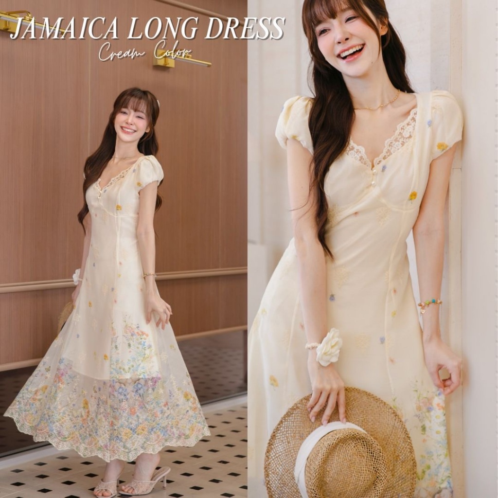 DR0620 LABELLE รุ่น Jamaica Long Dress เดรสยาวสีครีม เดรสยาวไปคาเฟ่