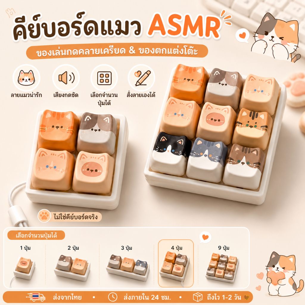 คีย์บอร์ดแมว ASMR เลือกลายได้ 🐱 ของเล่นคลายเครียด เสียงกดเพลิน ของแต่งโต๊ะน่ารัก Cat Keyboard Cute Desk Setup