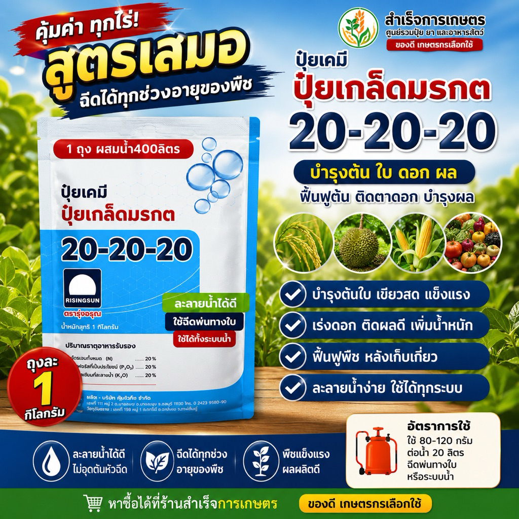 ปุ๋ยเกร็ดมรกต 20-20-20 ตรารุ่งอรุณ 1กิโลกรัม