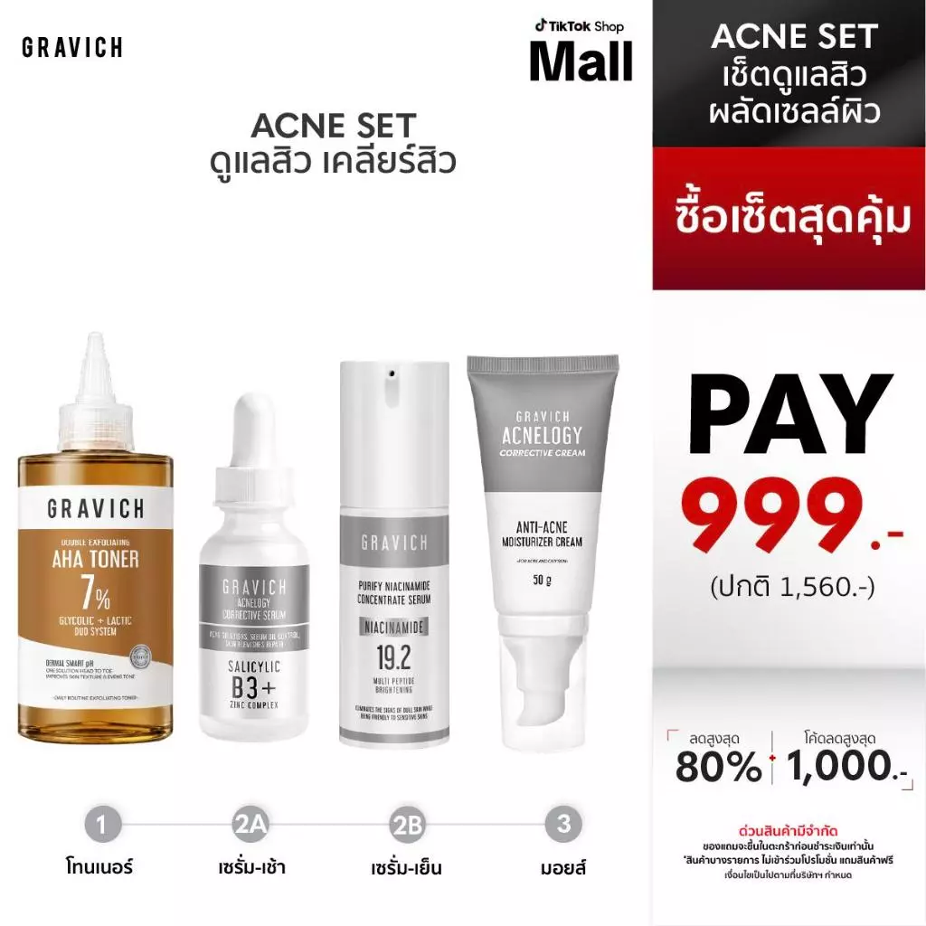 Gravich เซตสำหรับผู้มีปัญหาสิว รอยสิว คุมมัน Acnelogy Serum, Purify, Acnelogy Cream, Toner AHA